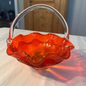 Vintage Viking Glass Crimped Basket Orange w/Clear Handle